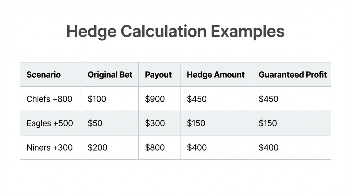 Table of hedge calculation examples with scenario, original bet, payout, hedge amount, and guaranteed profit.