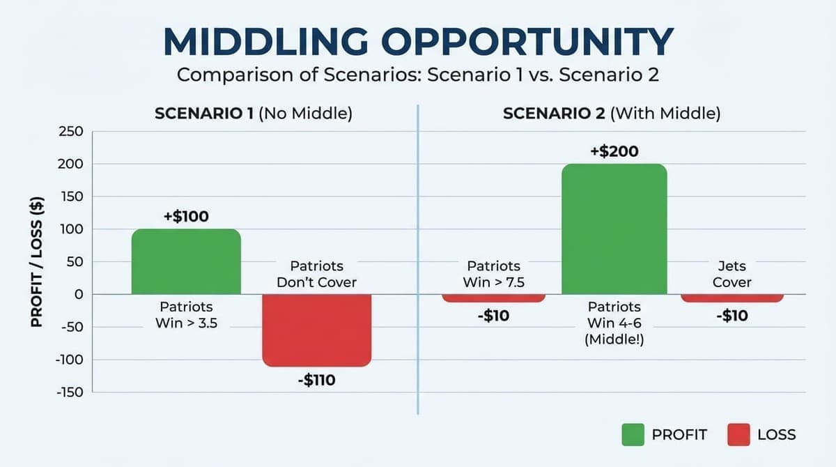 Middling opportunity comparison: Scenario 1 original only vs Scenario 2 with middle. Patriots -3.5/-7.5, Jets +7.5.
