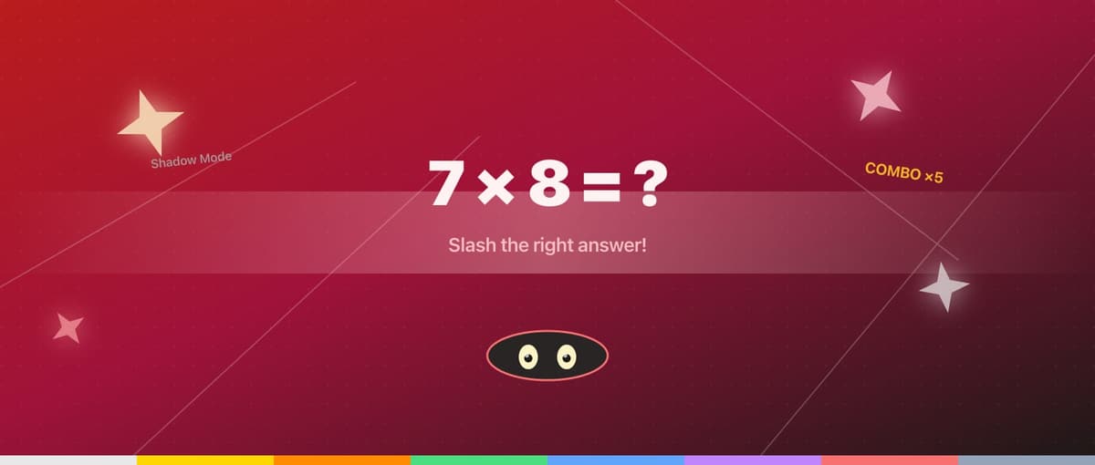 Playful Number Ninja banner: shurikens, a sample equation, combo streak, and eight belt colors.