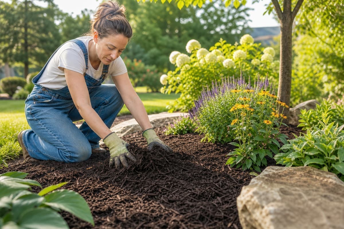 Person applying mulch to flower bed