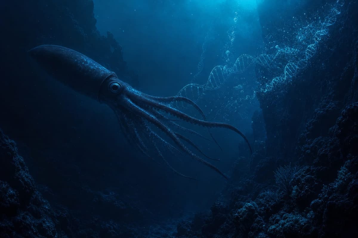 Deep-sea canyon with giant squid silhouette and abstract DNA light trails