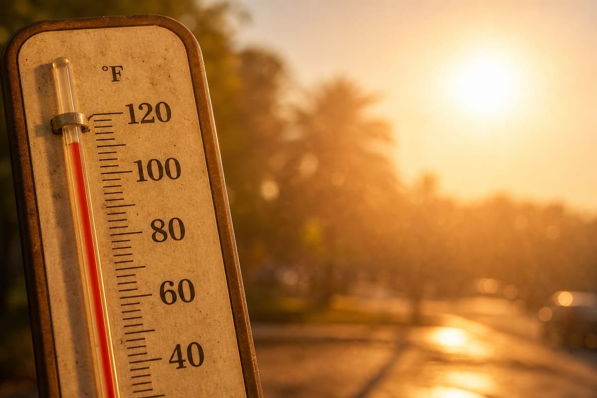 Thermometer and humidity gauge with rising heat-index numbers against a warm sunset sky