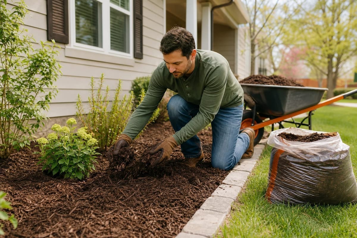 Homeowner spreading mulch in a garden bed