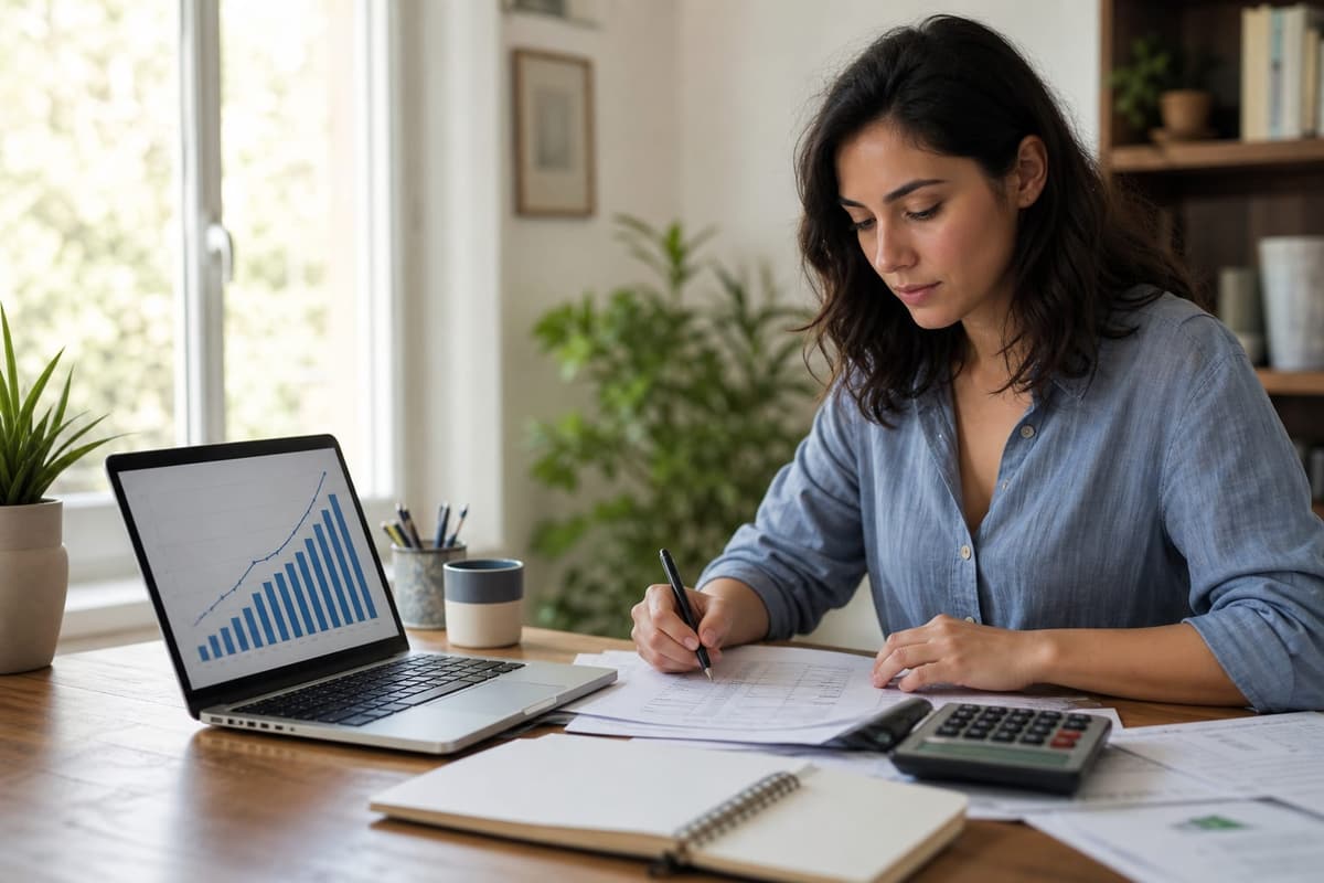 Woman calculating interest at a home desk