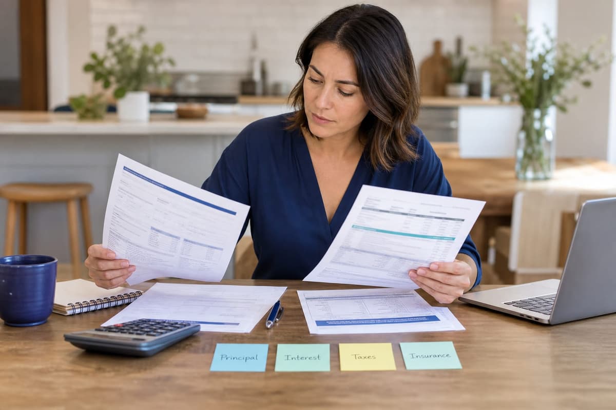 Homeowner reviewing a mortgage statement at the kitchen table