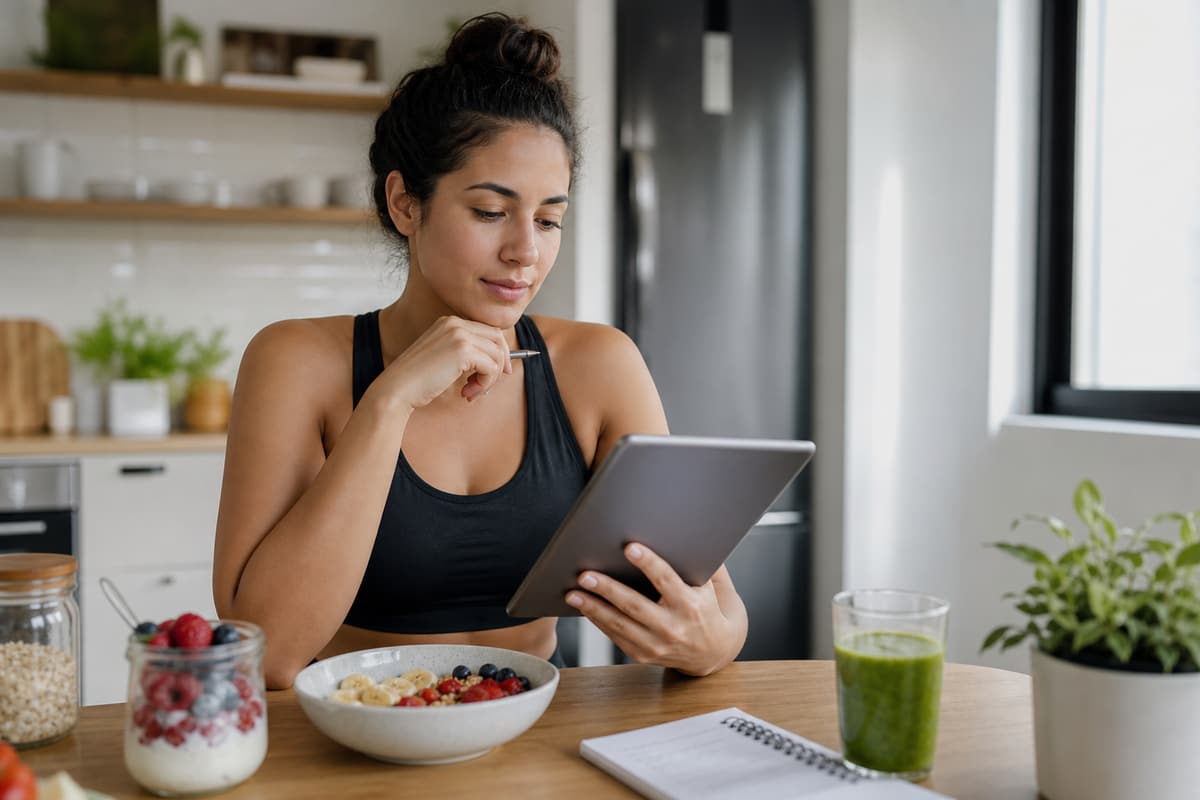 Woman calculating BMR at kitchen table