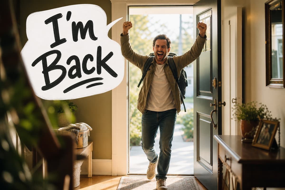Person returning home from a mini retirement celebrating with I'm Back
