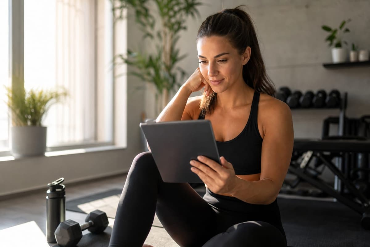 Woman reviewing fitness calculator results on a tablet at home